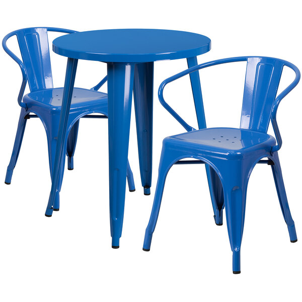 A blue metal table with two blue chairs.