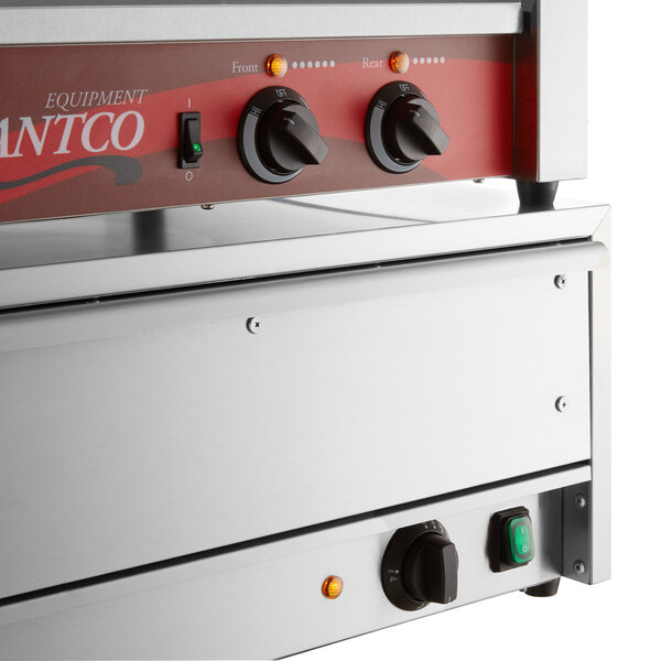 An Avantco hot dog roller grill with a pass-through canopy and bun warmer.