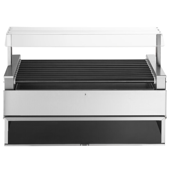 An Avantco stainless steel hot dog roller with a black and silver pass-through canopy.