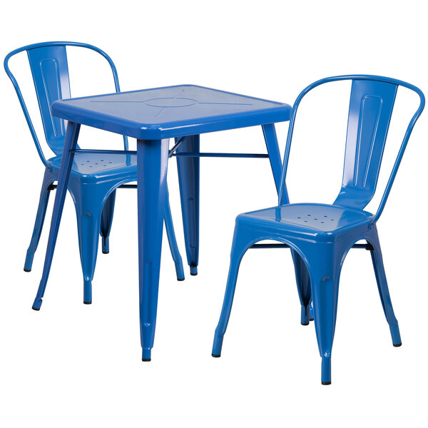 A blue metal Flash Furniture table with two chairs.
