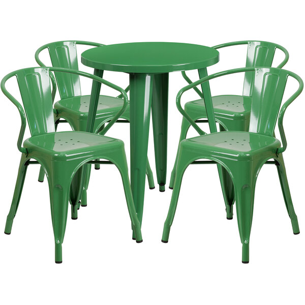 A Flash Furniture green metal table and chairs set.