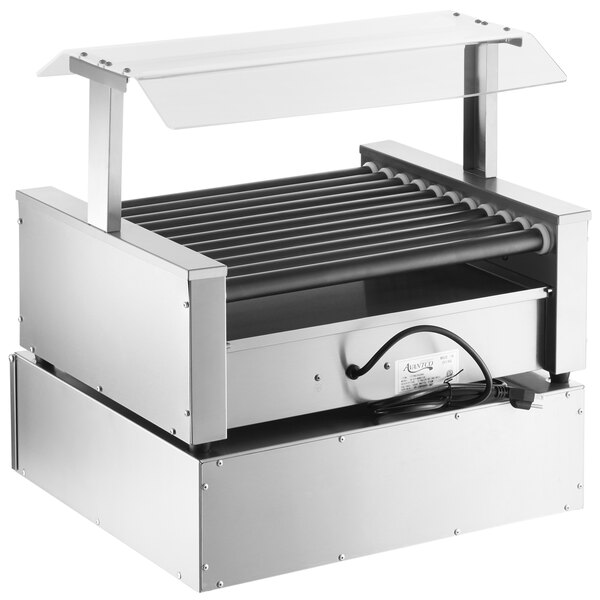 An Avantco hot dog roller grill with a glass canopy.