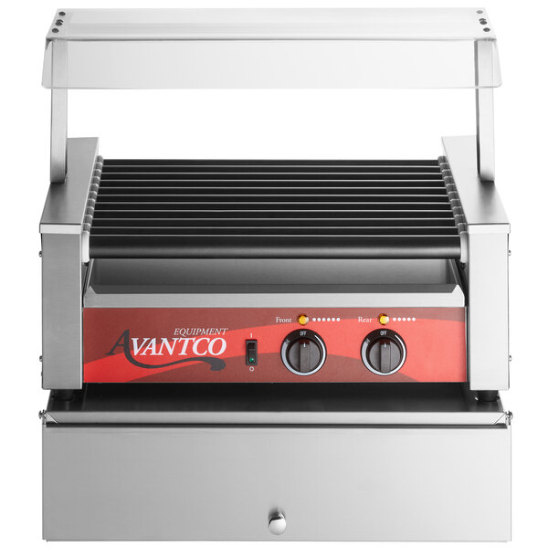 An Avantco hot dog roller grill on a counter.