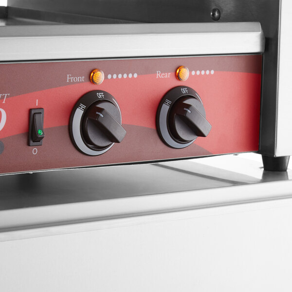 The control panel of an Avantco hot dog roller grill on a counter.