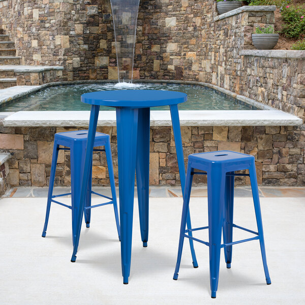 Flash Furniture CH-51080BH-2-30SQST-BL-GG 24" Round Blue Metal Indoor / Outdoor Bar Height Table with 2 Square Seat Backless Stools