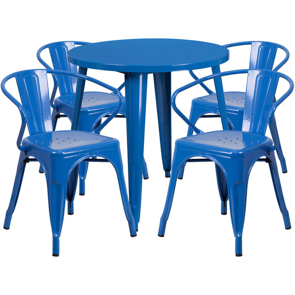 A blue metal table with four blue chairs.
