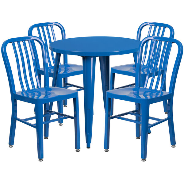 A blue table and chairs with a white border.