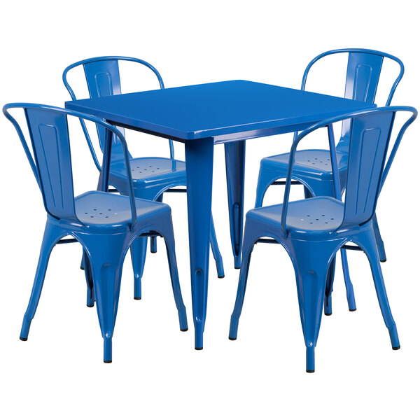 A blue metal square table with four blue metal chairs.