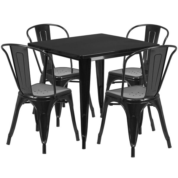 Flash Furniture ET-CT002-4-30-BK-GG 31 1/2" Square Black Metal Indoor / Outdoor Table with 4 Cafe Chairs