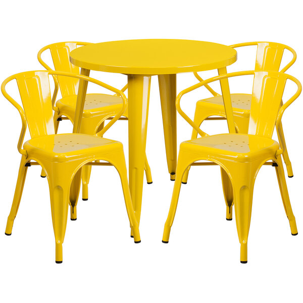 Flash Furniture CH-51090TH-4-18ARM-YL-GG 30" Round Yellow Metal Indoor / Outdoor Table with 4 Arm Chairs