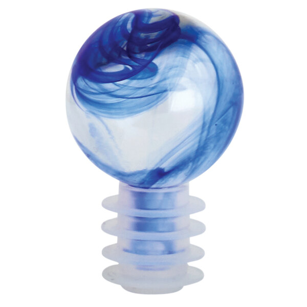 An American Metalcraft blue and white marble glass stopper with a round base and stem.
