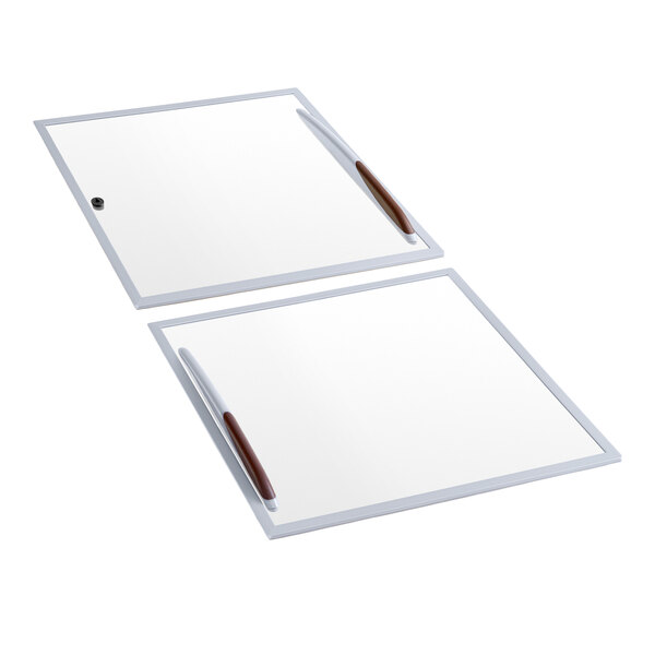 A set of two clear glass lids with white frames and handles, designed for the Avantco DFF13-HC freezer.