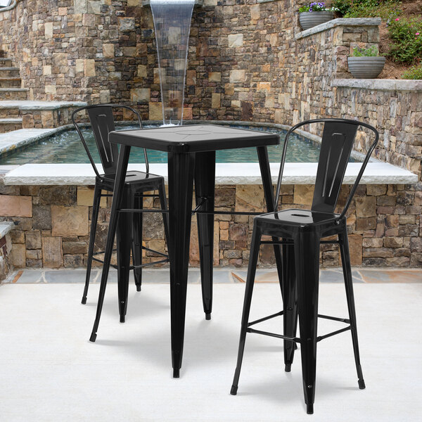 Flash Furniture CH-31330B-2-30GB-BK-GG 23 3/4" Square Black Metal Indoor / Outdoor Bar Height Table with 2 Cafe Stools