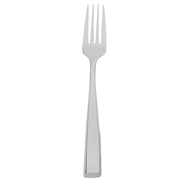 A silver fork with a black handle.