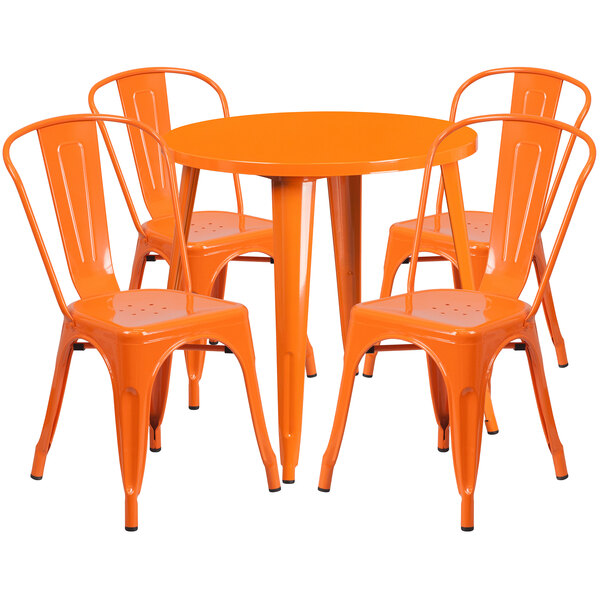 Flash Furniture CH-51090TH-4-18CAFE-OR-GG 30" Round Orange Metal Indoor / Outdoor Table with 4 Cafe Chairs