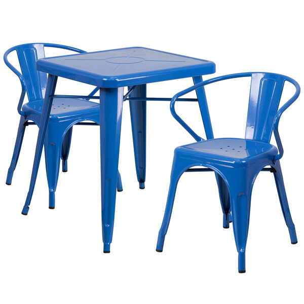 Flash Furniture CH-31330-2-70-BL-GG 23 3/4" Square Blue Metal Indoor / Outdoor Table with 2 Arm Chairs