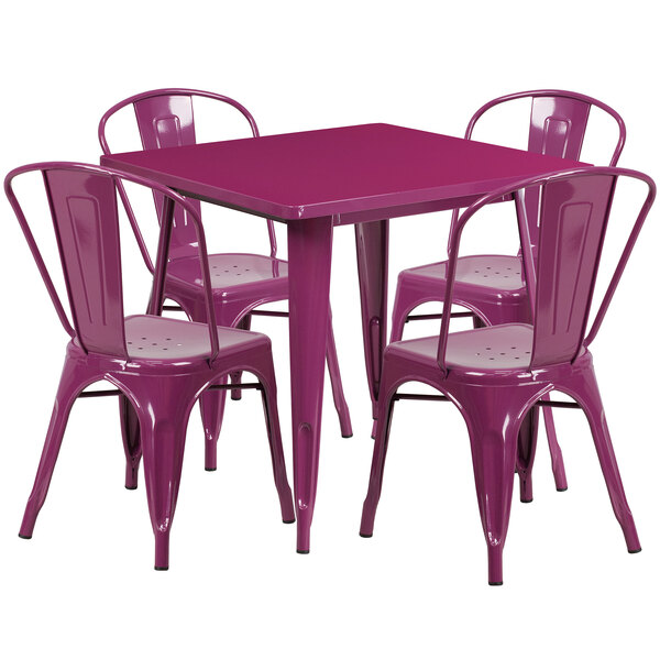 A purple table and chairs.