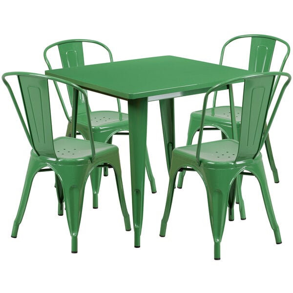 Flash Furniture ET-CT002-4-30-GN-GG 31 1/2" Square Green Metal Indoor / Outdoor Table with 4 Cafe Chairs