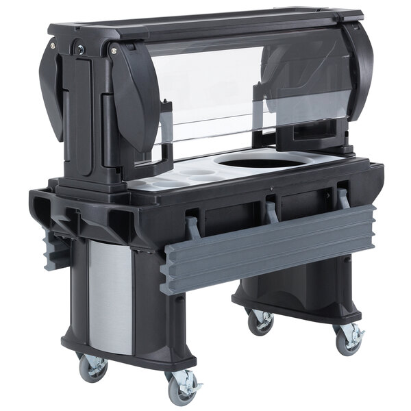 A black and silver Cambro Versa food cart on heavy-duty casters.