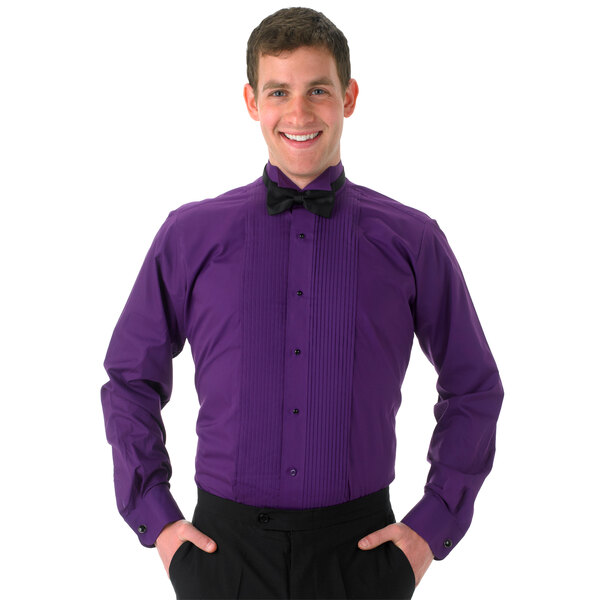 A person wearing a purple Henry Segal tuxedo shirt with a black bow tie.