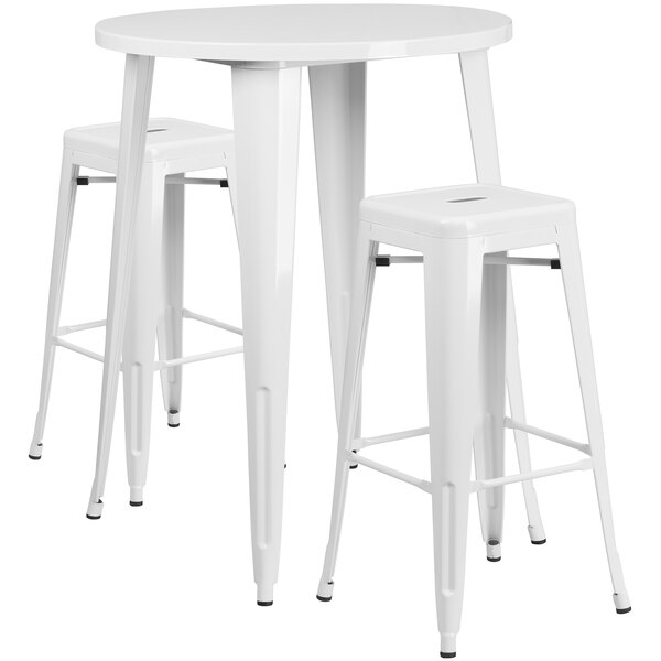 A white Flash Furniture bar height table with two square stools.