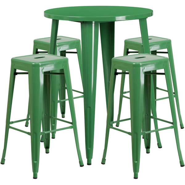 Flash Furniture CH-51090BH-4-30SQST-GN-GG 30" Round Green Metal Indoor / Outdoor Bar Height Table with 4 Square Seat Backless Stools
