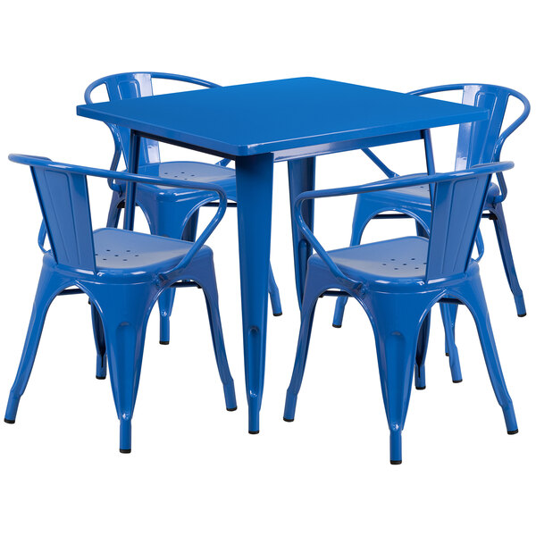 Flash Furniture ET-CT002-4-70-BL-GG 32" Square Blue Metal Indoor / Outdoor Dining Height Table with 4 Arm Chairs