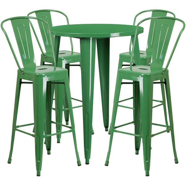 Flash Furniture CH-51090BH-4-30CAFE-GN-GG 30" Round Green Metal Indoor / Outdoor Bar Height Table with 4 Cafe Stools