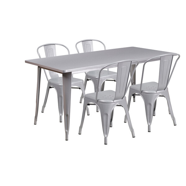 A white metal Flash Furniture rectangular table and chairs.