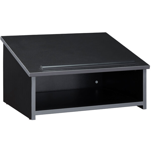 A black rectangular tabletop host stand with a shelf.