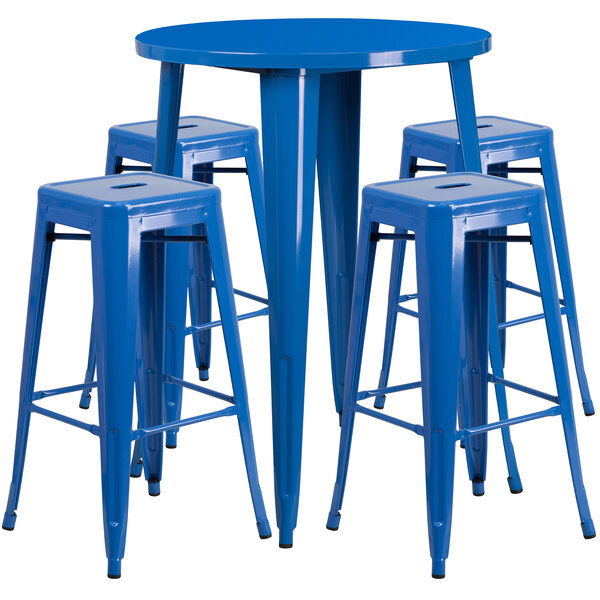 Flash Furniture CH-51090BH-4-30SQST-BL-GG 30" Round Blue Metal Indoor / Outdoor Bar Height Table with 4 Square Seat Backless Stools