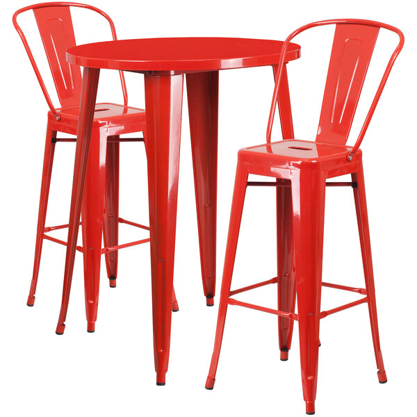 Flash Furniture CH-51090BH-2-30CAFE-RED-GG 30" Round Red Metal Indoor / Outdoor Bar Height Table with 2 Cafe Stools