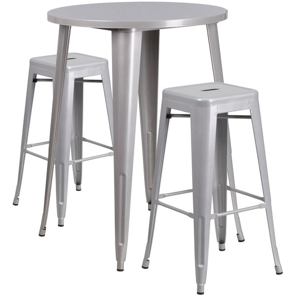 Flash Furniture CH-51090BH-2-30SQST-SIL-GG 30" Round Silver Metal Indoor / Outdoor Bar Height Table with 2 Square Seat Backless Stools