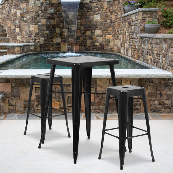 Flash Furniture CH-31330B-2-30SQ-BK-GG 24" Square Black Metal Indoor / Outdoor Bar Height Table with 2 Square Seat Backless Stools