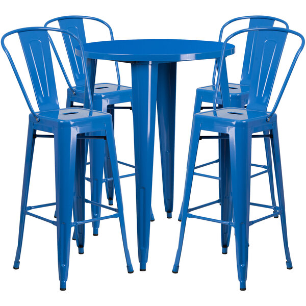 A blue table and chairs set with four stools.