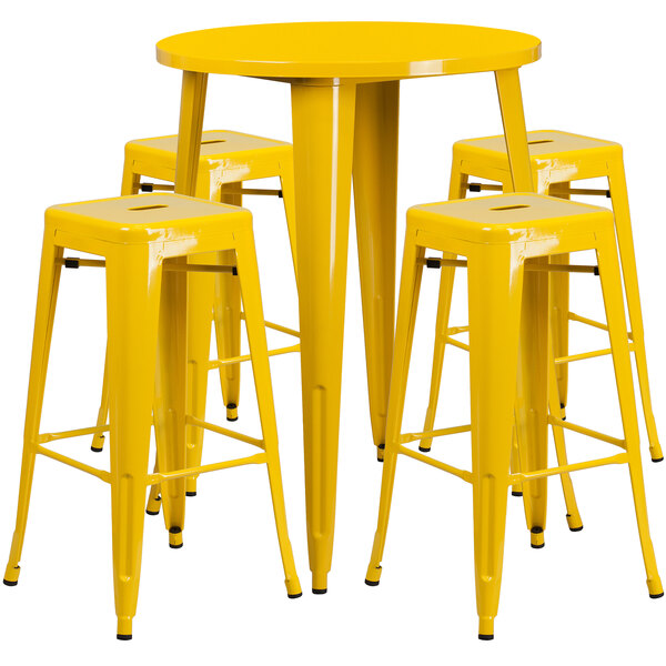 Flash Furniture CH-51090BH-4-30SQST-YL-GG 30" Round Yellow Metal Indoor / Outdoor Bar Height Table with 4 Square Seat Backless Stools