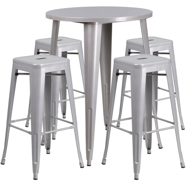 Flash Furniture CH-51090BH-4-30SQST-SIL-GG 30" Round Silver Metal Indoor / Outdoor Bar Height Table with 4 Square Seat Backless Stools