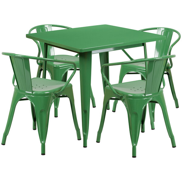 Flash Furniture ET-CT002-4-70-GN-GG 32" Square Green Metal Indoor / Outdoor Dining Height Table with 4 Arm Chairs