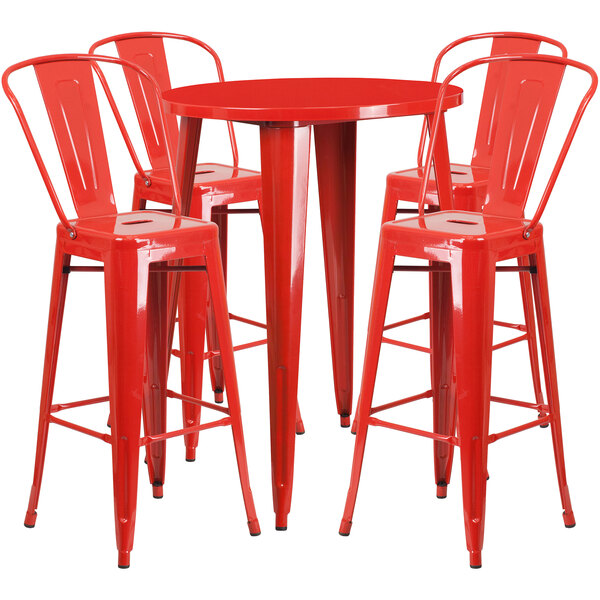 A red metal bar table with four red stools.