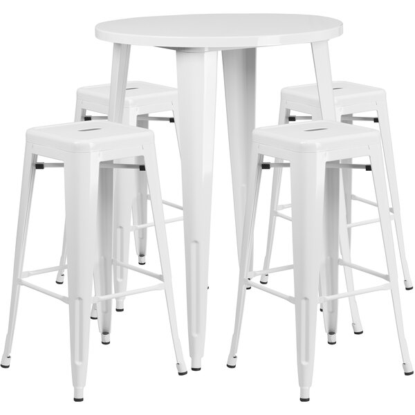 Flash Furniture CH-51090BH-4-30SQST-WH-GG 30" Round White Metal Indoor / Outdoor Bar Height Table with 4 Square Seat Backless Stools