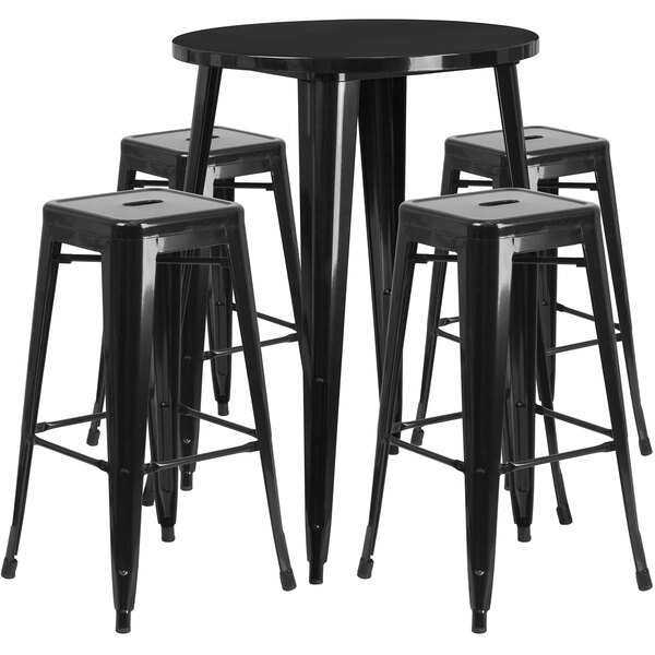 Flash Furniture CH-51090BH-4-30SQST-BK-GG 30" Round Black Metal Indoor / Outdoor Bar Height Table with 4 Square Seat Backless Stools