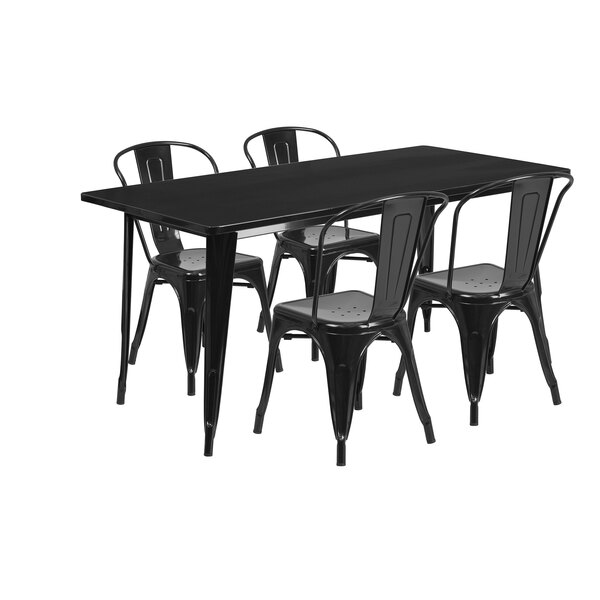 A black rectangular Flash Furniture dining table with four black metal cafe chairs.
