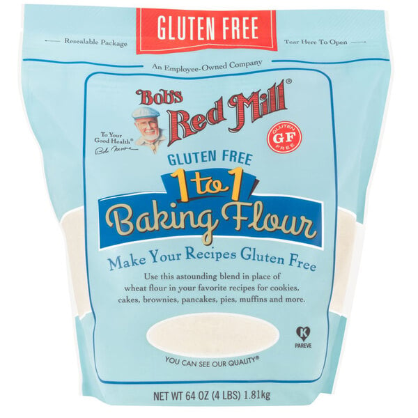 A blue bag of Bob's Red Mill 1-to-1 Gluten-Free Baking Flour with white text and a blue border.