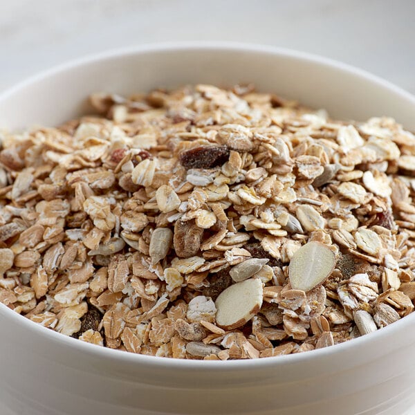 A bowl of Bob's Red Mill Muesli with almonds and raisins.