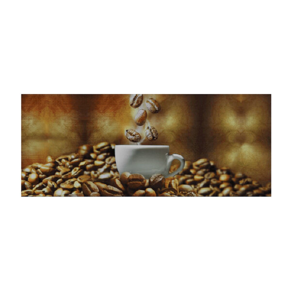 A Grindmaster-Cecilware PrecisionBrew graphic on a counter with a cup of coffee on a table of coffee beans.