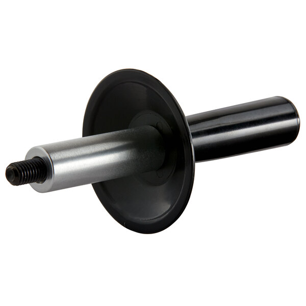 A close-up of a black metal rod with a black plastic screw and a metal handle.