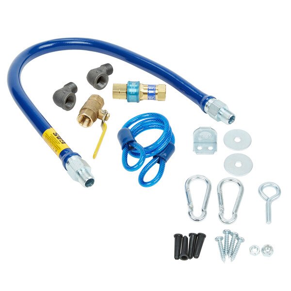 A blue Dormont gas connector hose kit with connectors and hardware.