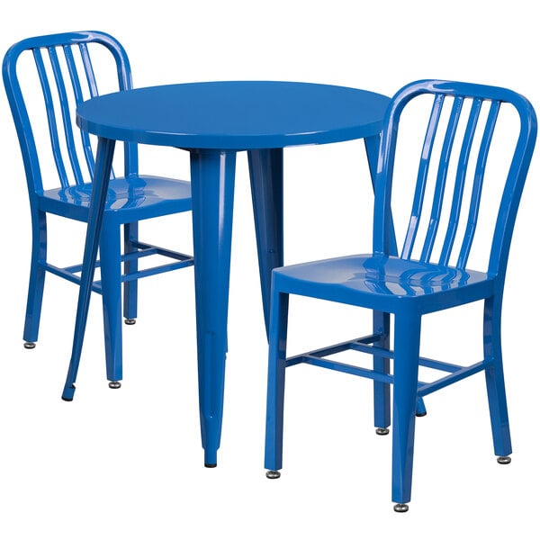 A blue metal table with two blue chairs.