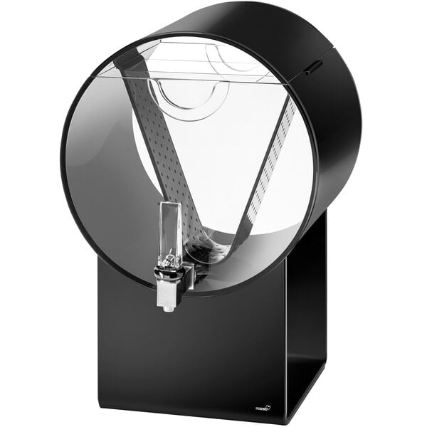 A black acrylic barrel beverage dispenser with a clear cover.