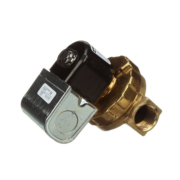 A close-up of a brass Hobart solenoid valve with a black cover.